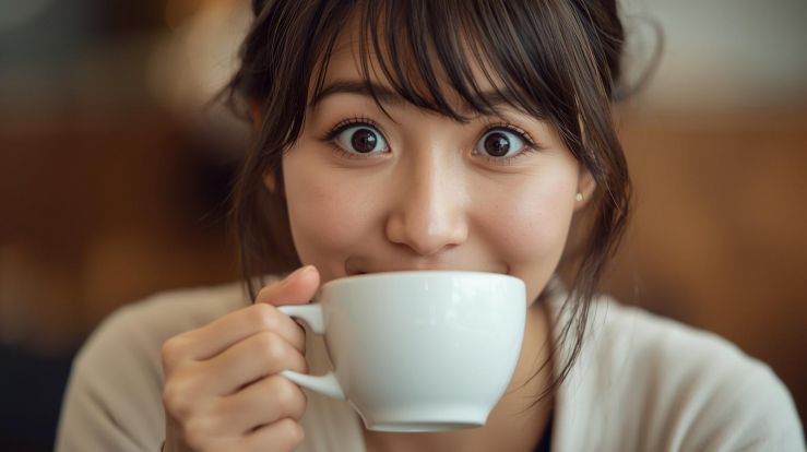 コーヒーが苦手だったのに飲んでみたら意外とおいしくて飲めたことにびっくりしている驚きつつ笑顔の30代日本人女性.jpg