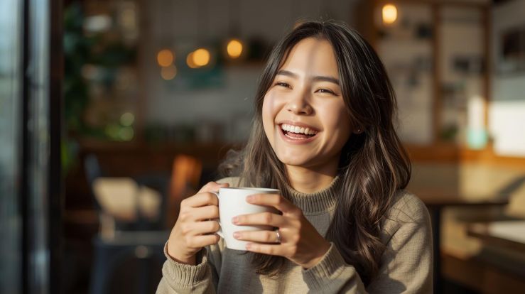 コーヒーが苦手だった私も飲めました！とコーヒーカップを手にしてカフェで喜んでいる日本人若い女性.jpg