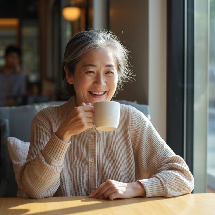 レストランの窓際の日の当たる心地よいテーブルで食後にコーヒーを飲んでうれしそうな日本人_中年女性.jpg