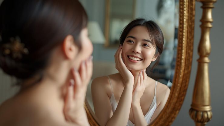 現代的な洋風の部屋の化粧台の前で肌が若返ったと喜んでいる30代後半の日本人女性.jpg